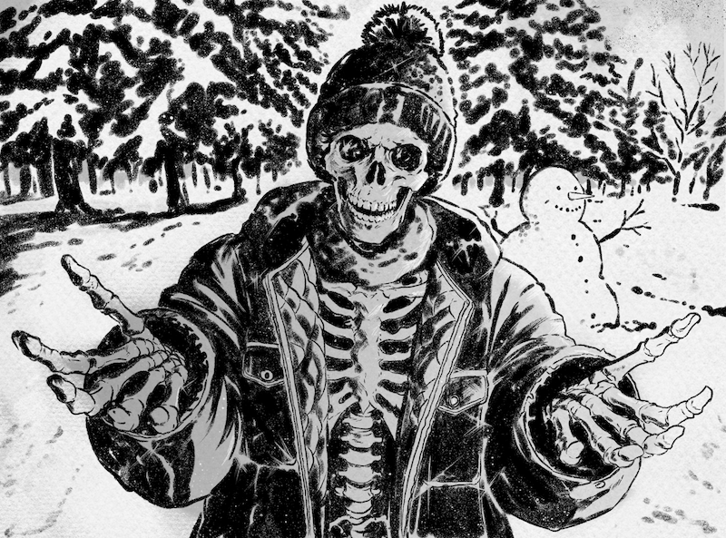 Bony_hug A skeleton dressed for winter, with arms outstretched.